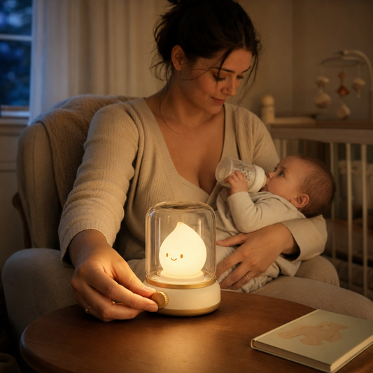 Veilleuse bebe avec intensite reglable utilisee pendant le biberon nocturne