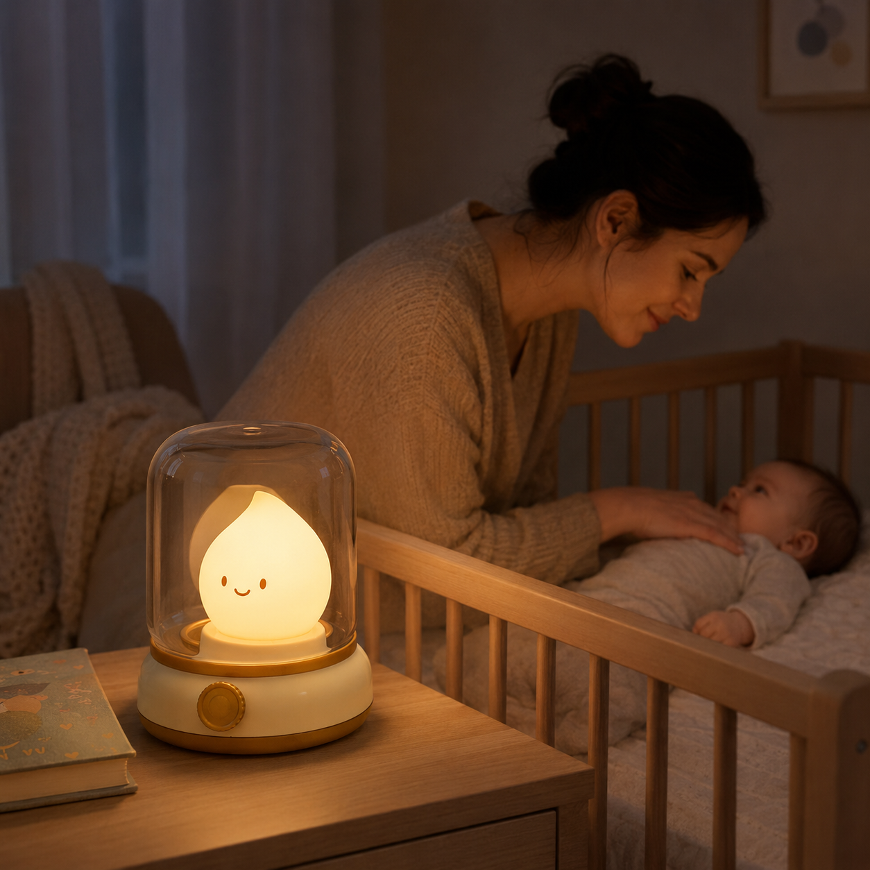Veilleuse bebe diffusant une lumiere douce pendant que maman rassure bebe dans son lit