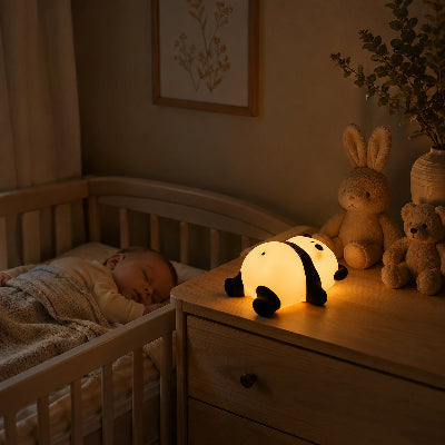 Veilleuse bébé panda allongée diffusant une lumière douce la nuit