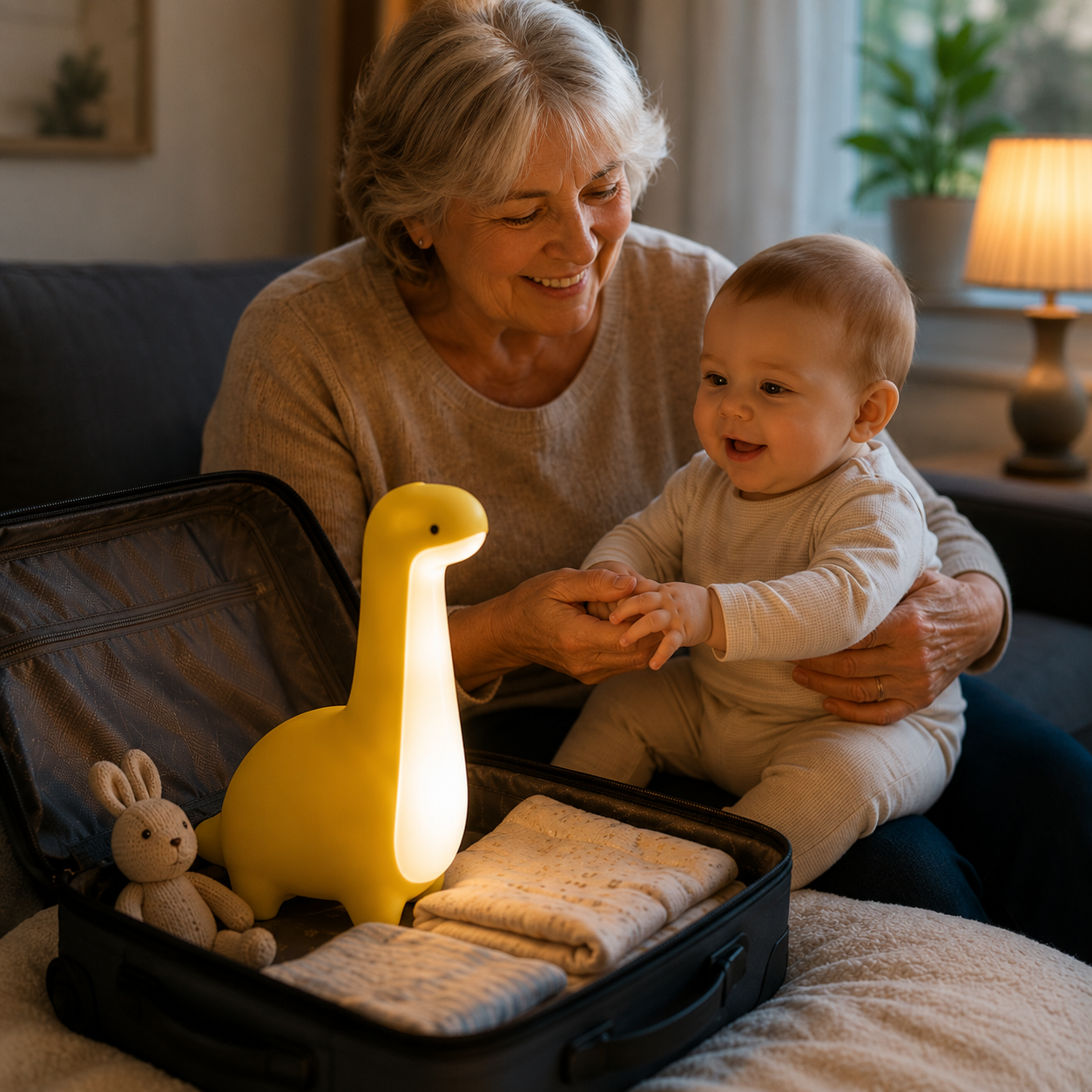 Veilleuse bebe dans une valise pour un sejour chez les grands parents