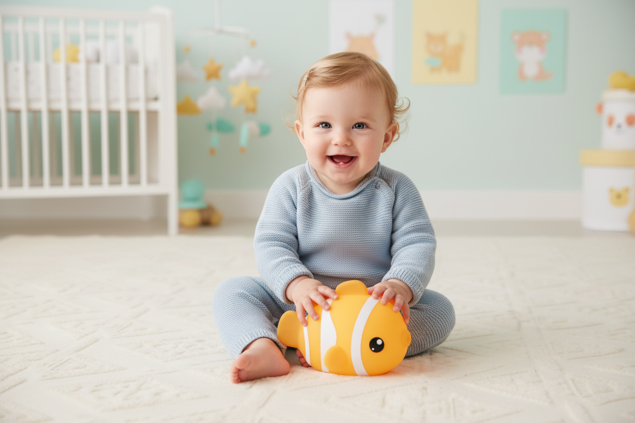 Bébé qui joue avec la veilleuse poisson