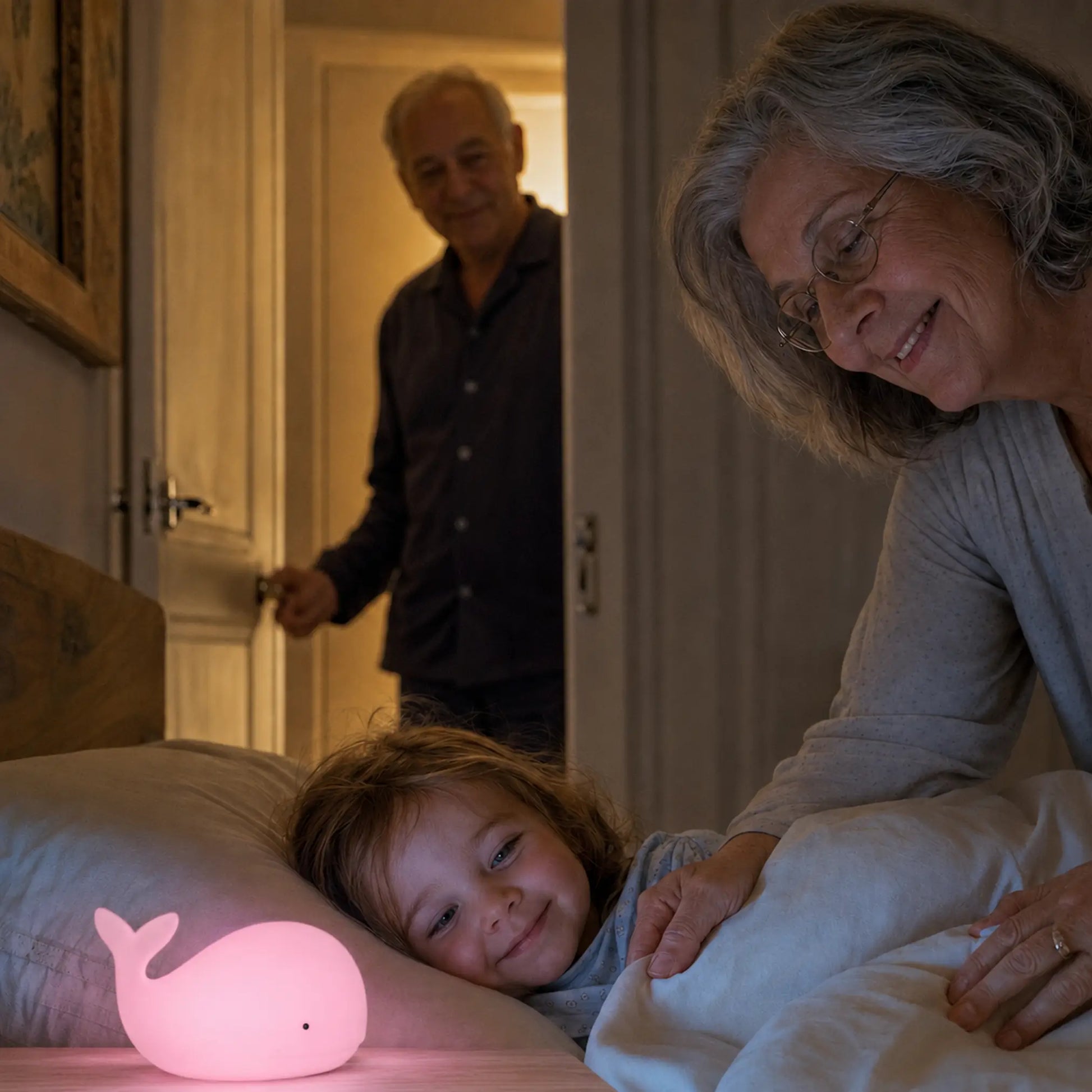 veilleuse baleine rose nuit chez grands parents