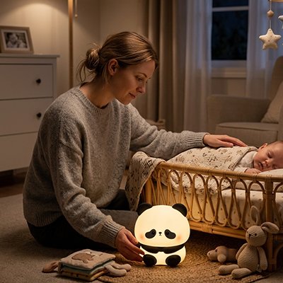 Veilleuse bébé accompagnant une maman près du berceau