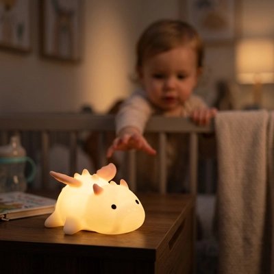 Veilleuse bébé allumée sur une table de cheve