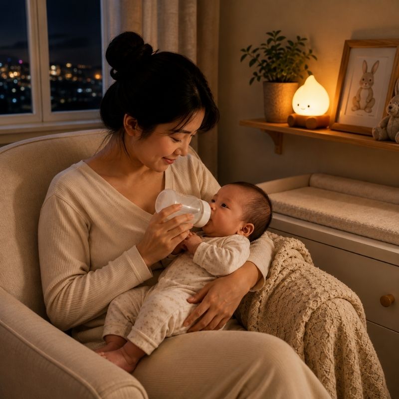 veilleuse bébé biberon nocturne avec maman