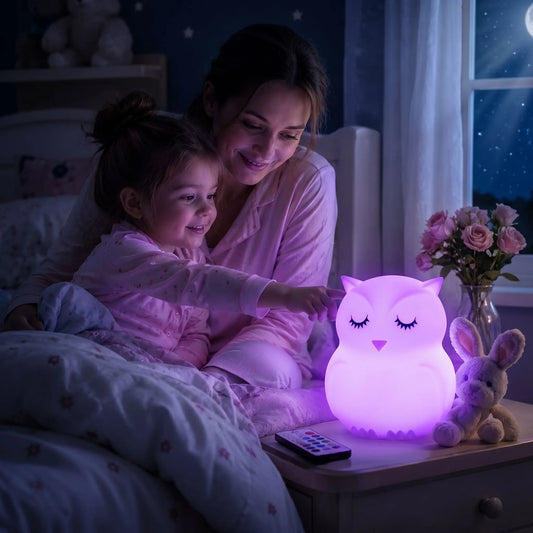 veilleuse bebe enfant touche la veilleuse hibou