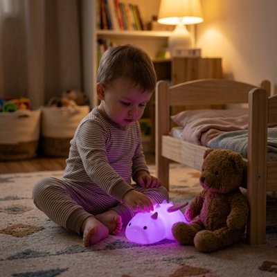 Veilleuse bébé jouant avec la veilleuse violette près de son lit