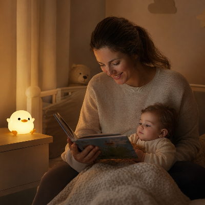 veilleuse bebe lisant une histoire a son bebe
