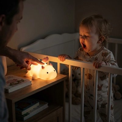 Veilleuse bébé Parent allumant la veilleuse pendant que le bébé bâille