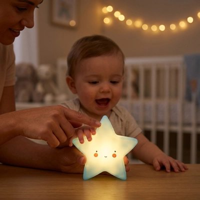 Veilleuse bébé  touchant une veilleuse LED étoile bleue
