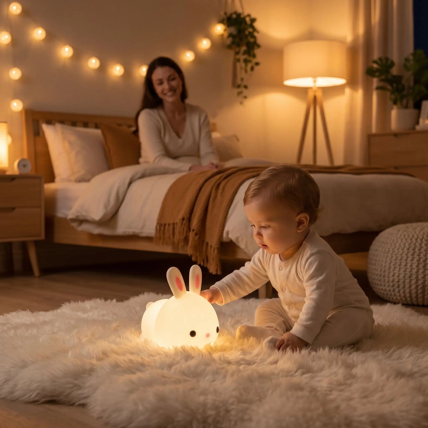 veilleuse lapin bébé joue avec son lapin