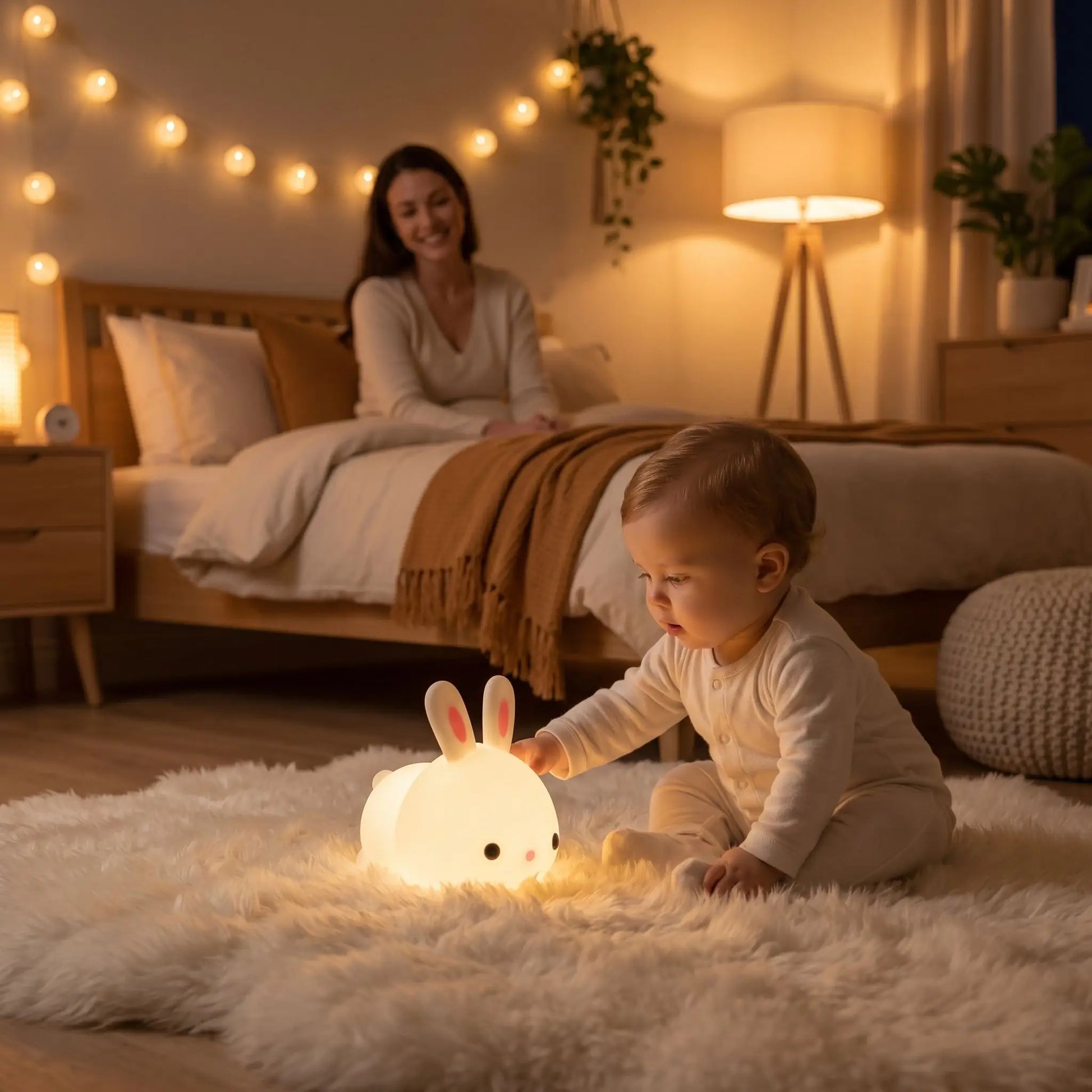 veilleuse lapin bébé joue avec son lapin
