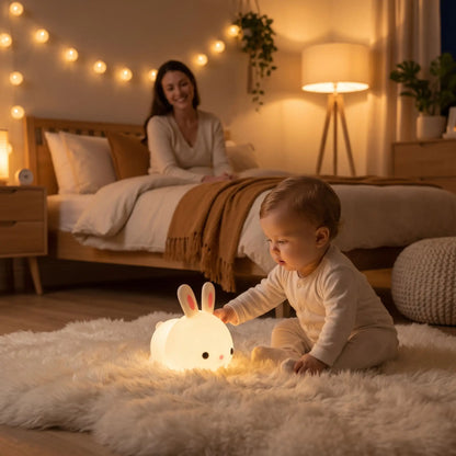 veilleuse lapin bébé joue avec son lapin