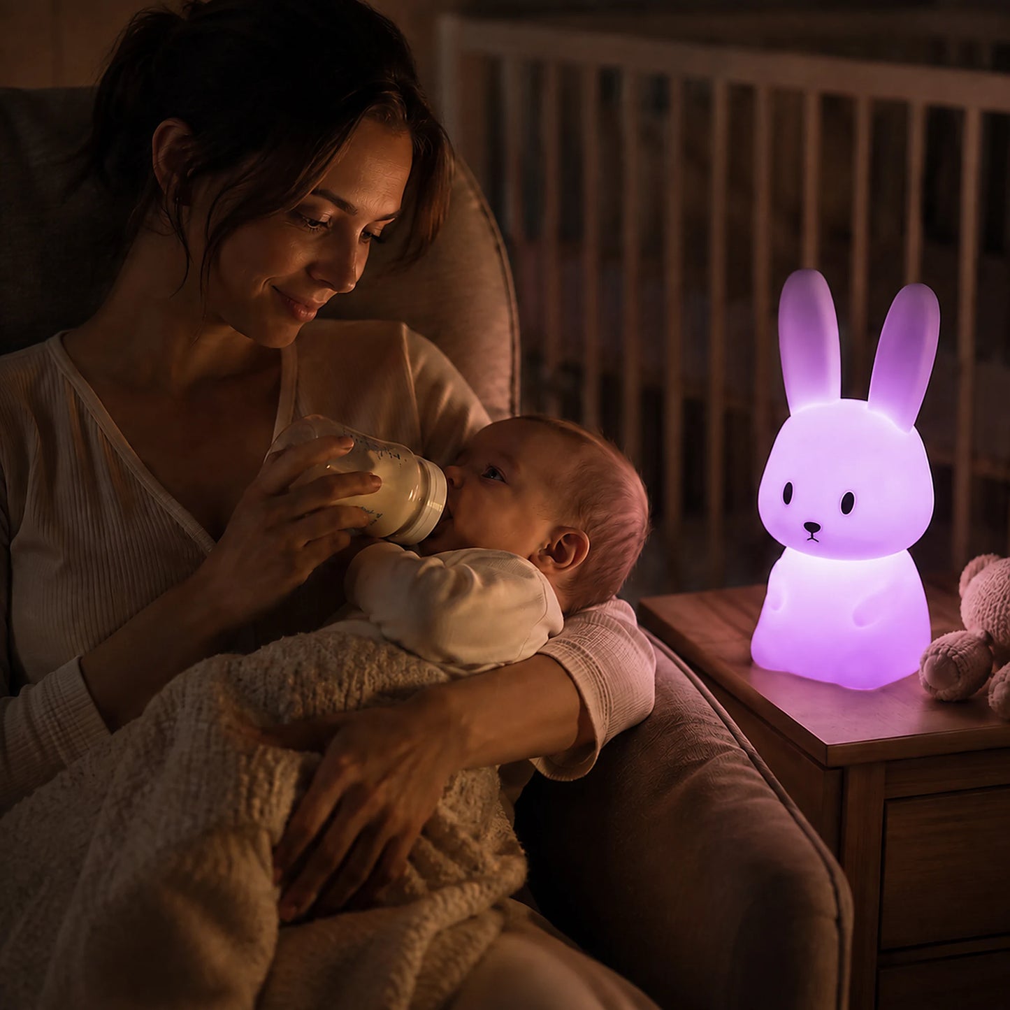 veilleuse lapin maman nourrit bébé