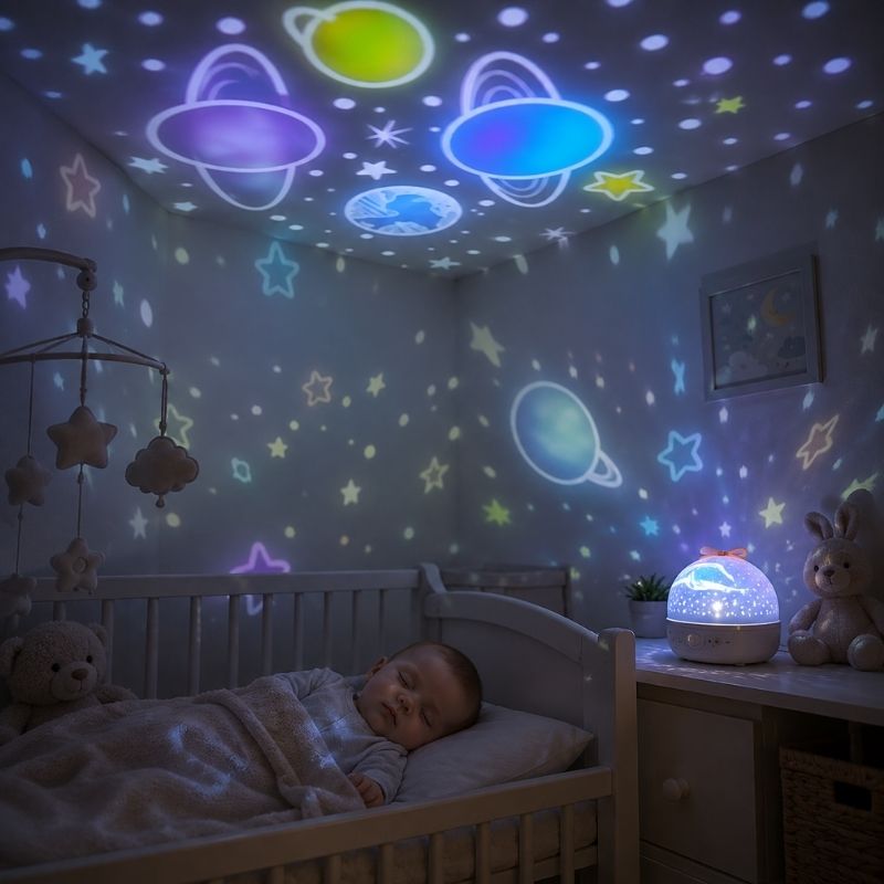 veilleuse projection GalaxiLune décorant la chambre