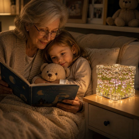 Veilleuse projection fleurs lecture grand mère enfant